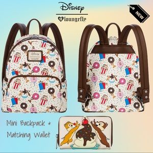 NWT Disney x Loungefly Chip & Dale with Snacks Mini Backpack & Matching Wallet